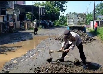 Memakan Korban Akibat Jalan Rusak, Wakapolsek Tlogowungu Lakukan Aksi Nyata Penambalan