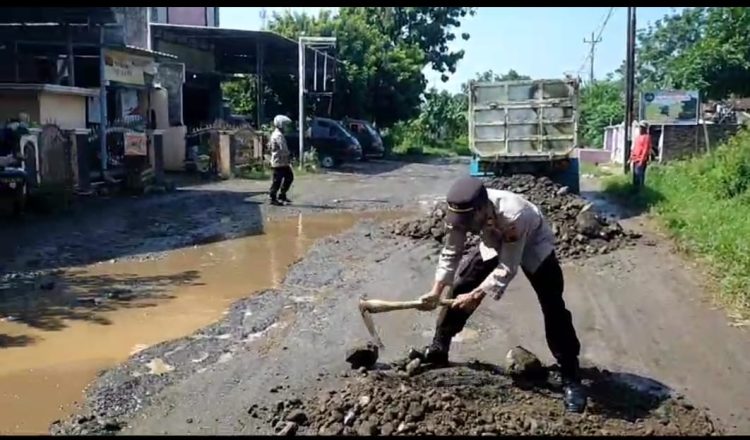 Memakan Korban Akibat Jalan Rusak, Wakapolsek Tlogowungu Lakukan Aksi Nyata Penambalan